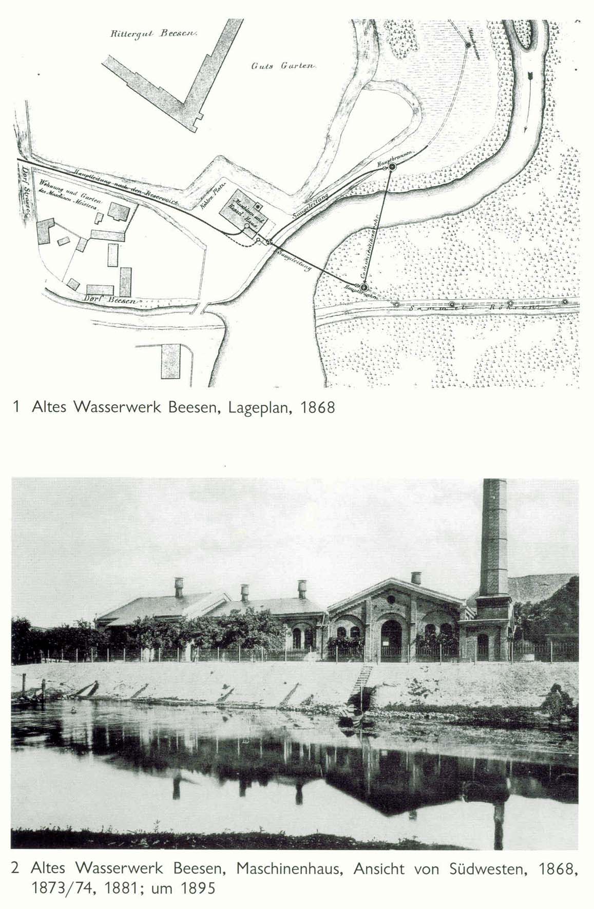 Wasserwerk Beesen, Lageplan und Maschinenhaus (ca. 1868)