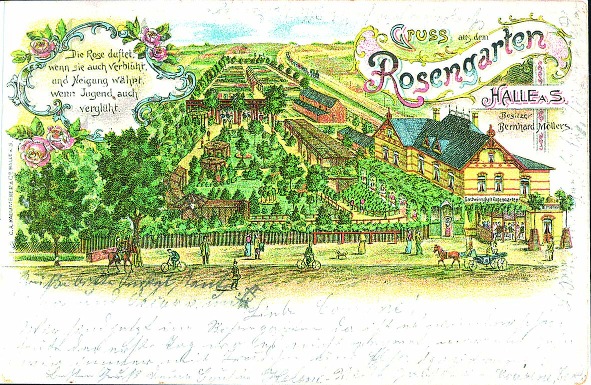 Rosengarten in Ammendorf mit Gasthaus B. Möller (ca. 1895)