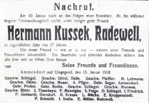 Nachruf für Hermann Kussek, Radewell (1917)